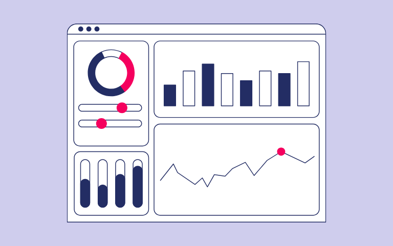 lilac background with a dashboard graphic on, showing a pie chart, bar chart and a line graph