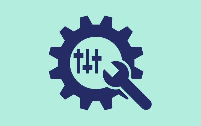 Plain green background with a navy cog, navy spanner and navy switchboard controls all to indicate customisation