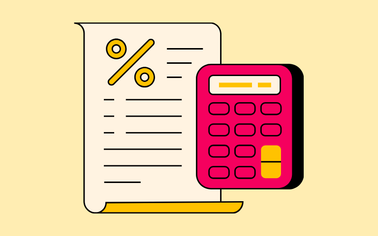 Yellow background with pink calculator and yellow scroll with a large % sign on it, indicative of budgets and financials