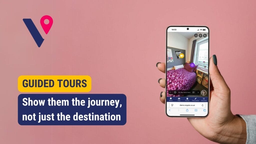 Cover photo for Guided Tours showing a 360 panorama of a university accommodation bedroom on a mobile phone