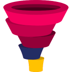 Layered funnel diagram with a wide magenta top narrowing through red and navy sections to a small yellow base, representing a sales or conversion funnel.