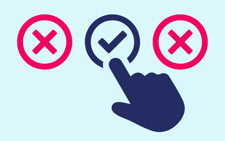 Hand icon tapping a blue check mark in a circle between two red X symbols, indicating choosing the correct option.