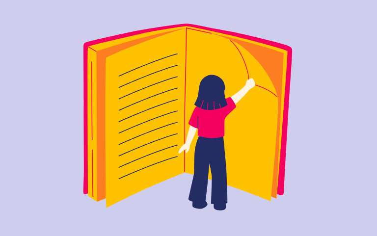 lilac background with a pink and yellow book, with a student reading it