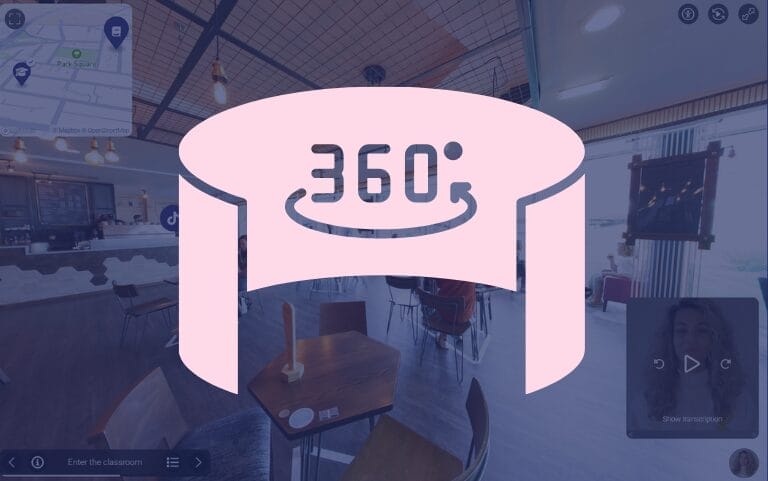 360 immersive panorama, the background cafe is the panorama and it is faded out to be a bit darker than the lilac 360 graphic overlaying it