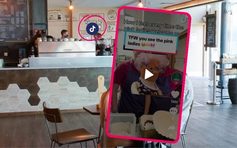Bright café interior with hexagon-patterned tiles and wooden chairs, overlaid by a tilted TikTok video showing a server at an ice-cream counter with on-screen text about “the pink ladies.”