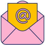 Illustration of a pink open envelope with a yellow letter displaying an @ symbol, representing email.