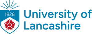 University of Lancashire logo with teal text and a blue shield displaying “1828” above a red Lancashire rose, topped by stylised rays.