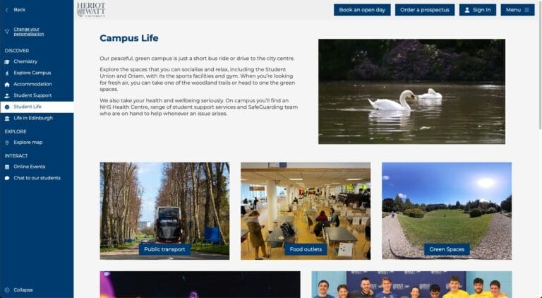 Screenshot showing the campus life page of Heriot Watt University's Virtual Experience