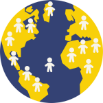 Stylised globe in blue and yellow with white person icons across continents, representing a global community or population.