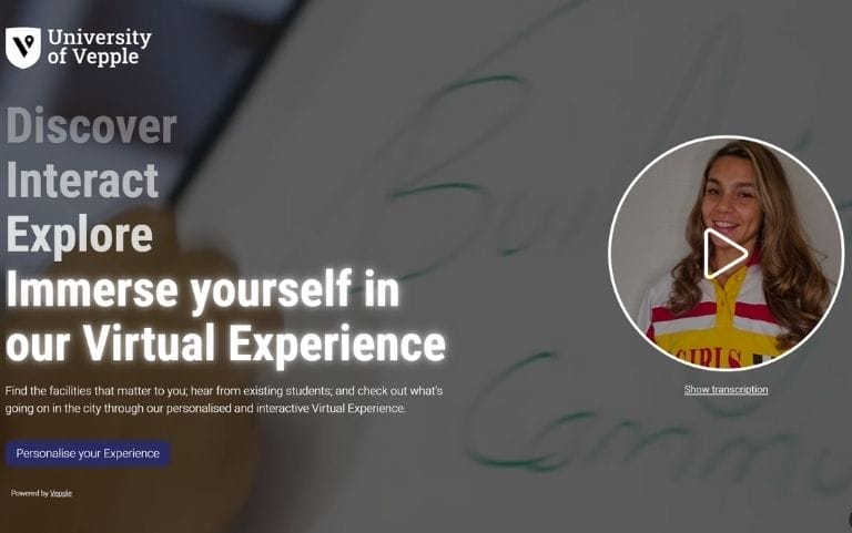 University of Vepple homepage hero promoting a virtual experience, featuring bold “Discover, Interact, Explore” messaging, a video thumbnail of a smiling student with a play button, and a “Personalise your Experience” call-to-action.