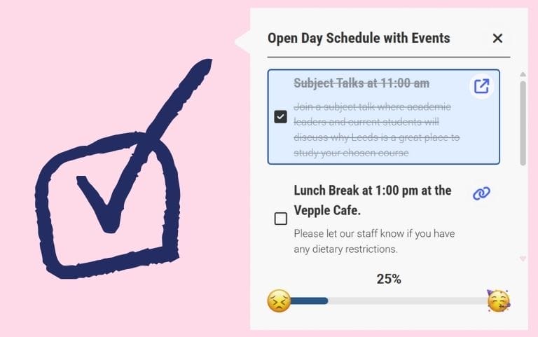 Pink background with a big navy checkbox and tick inside. Next to is a screenshot of a Vepple to do list