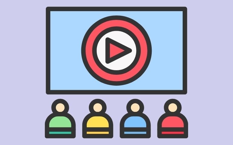 feature 2: content viewer - purple background with four icons / people watching a screen