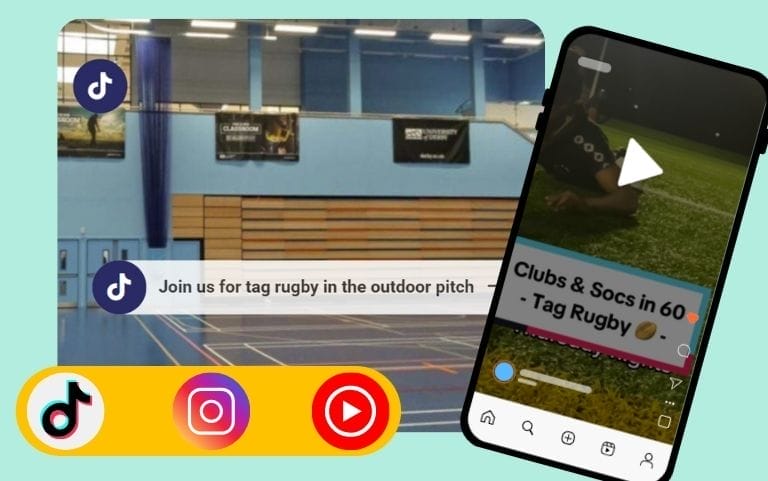 Green background, a screenshot of a gymnasium with the tiktok logo content buttons on, a photo with a tiktok video playing, and the three social media logos in a yellow lozenge (TikTok, Instagram and youtube)
