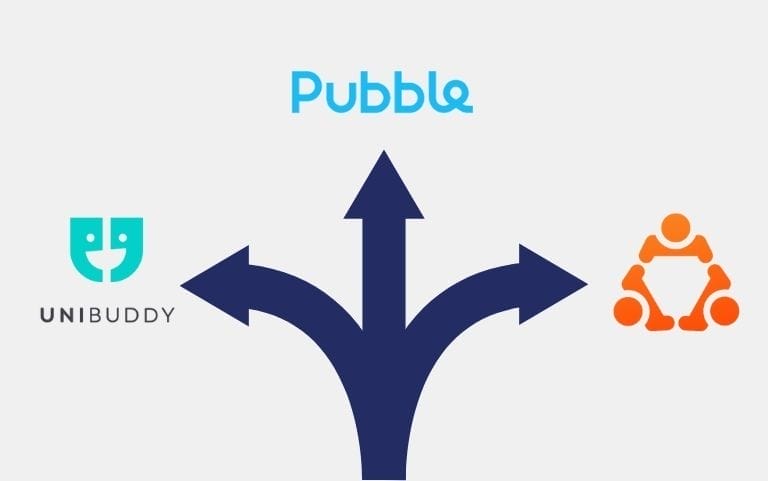 Grey background with TAP, Pubble and Unibuddy logos on and a blue threeway arrow