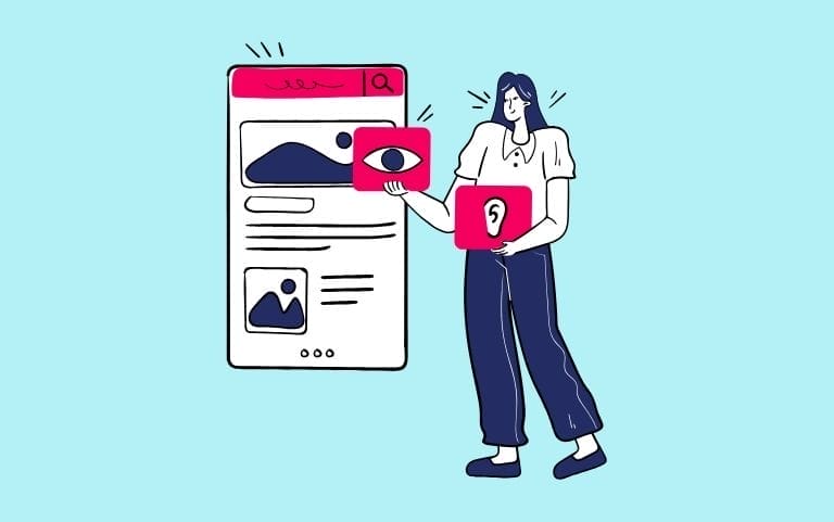 blue background with a woman icon on, holding an eye and eye icon over a screen, representing various digital accessibility restrictions