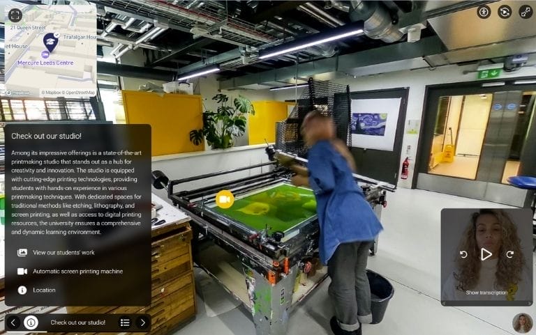 Image of a woman working in an art studio taking from a Vepple Guided Tour. There is a content box full of copy. a map and a student-led ambassador bubble in the bottom corner