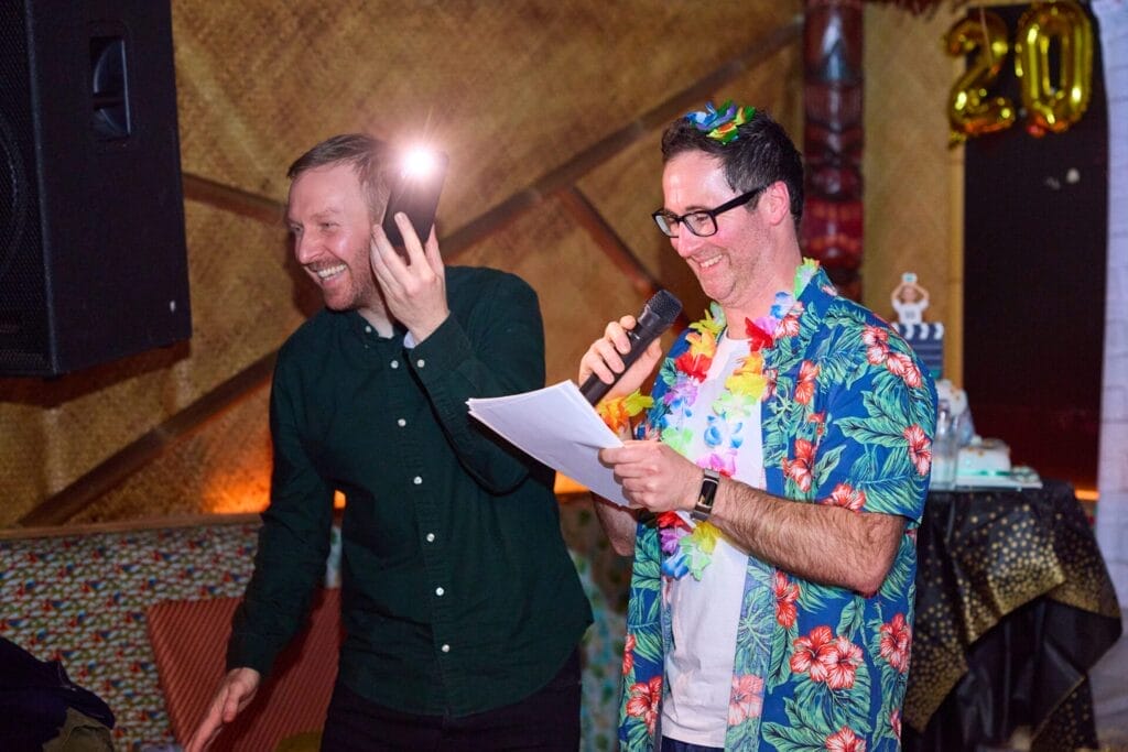 tom reads a speech at rv's 20th birthday party