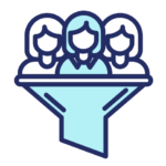Stylised icon of three user avatars above a funnel, representing lead generation or customer conversion.