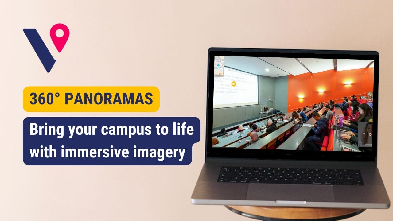 Promotional graphic for 360° panoramas: a laptop displays a university lecture hall scene while bold text reads “360° PANORAMAS – Bring your campus to life with immersive imagery” next to a location‑pin icon.
