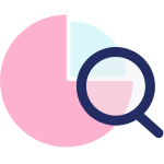 Stylised pink and light blue pie chart with a dark blue magnifying glass, symbolising data analysis.