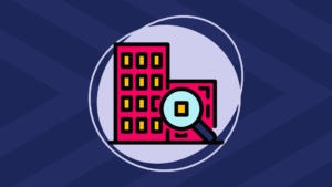 A blue background with a pink building on it and a magnifying glass looking at one of the windows of the building