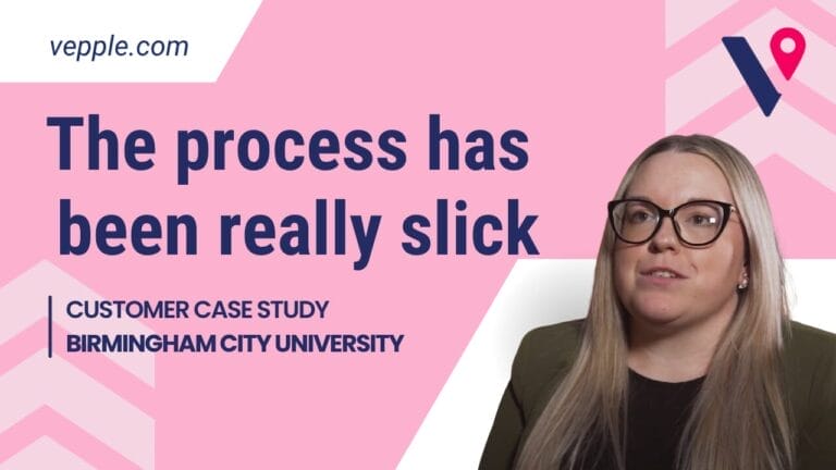 pink vepple branded background with cut outs of nicola vaughan bell from BCU and the words 'the process has been really slick'