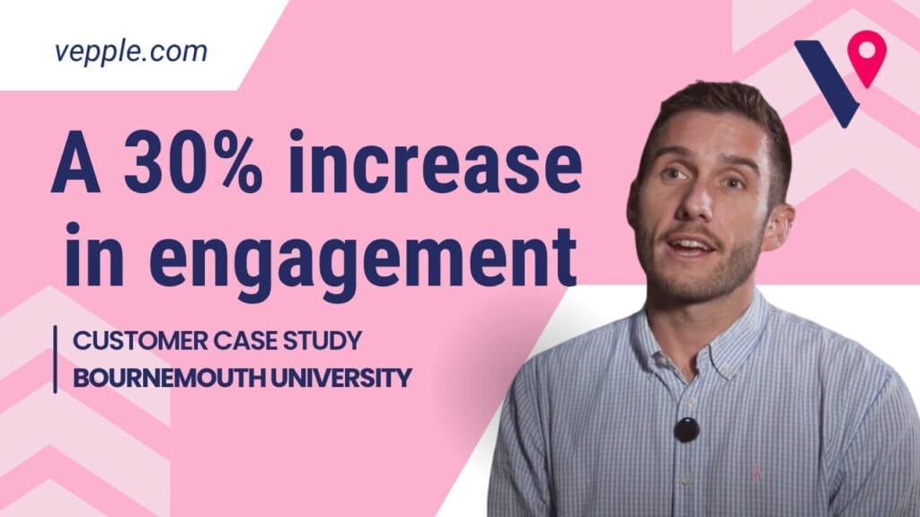 A pink Vepple branded background with the logo in the corner. A cut out of Matt Usher from Bournemouth University is in the foreground and the text reads 'a 30% increase in engagement'