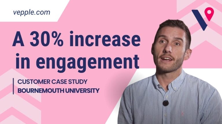 A pink Vepple branded background with the logo in the corner. A cut out of Matt Usher from Bournemouth University is in the foreground and the text reads 'a 30% increase in engagement'
