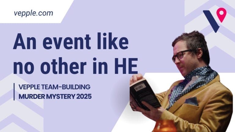 Purple Vepple branded background with the logo in the corner. A cut out of Tom (CEO of Vepple) in his costume reading a book. The text reads 'an event like no other in HE'