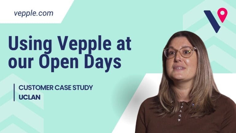 A green Vepple branded background with the logo in the corner. A cut out of Carla from UCLan is in the foreground and the text reads 'a really immersive experience'