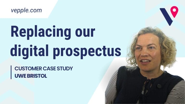 A blue Vepple branded background with the navy logo and a cut out of Charlotte Hopes from UWE Bristol. The text reads 'Replacing our digital prospectus'
