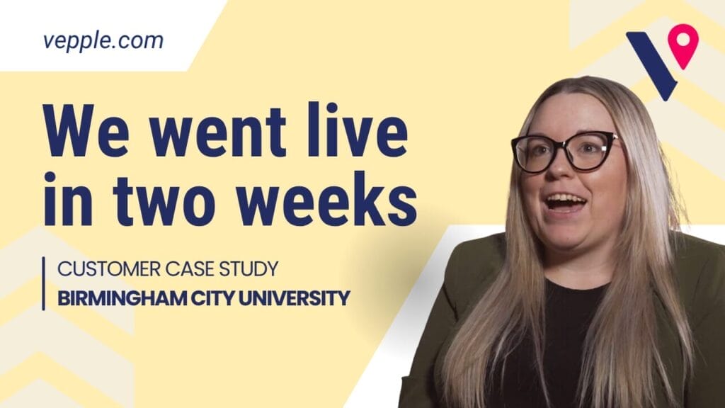 A yellow Vepple branded background with the navy logo in the top right. In the foreground is a cut out Nicola Vaughan-Bell. To the left is some text that reads 'we went live in two weeks'