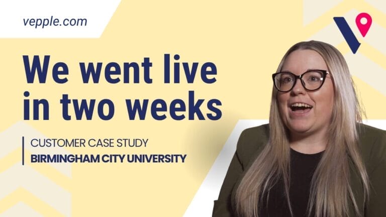 A yellow Vepple branded background with the navy logo in the top right. In the foreground is a cut out Nicola Vaughan-Bell. To the left is some text that reads 'we went live in two weeks'