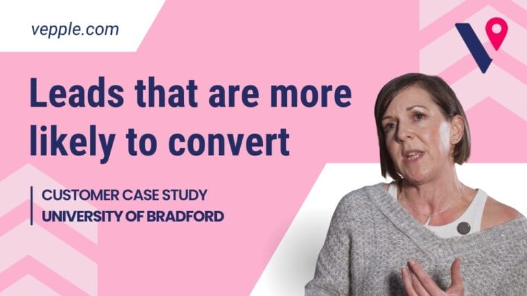 Ros Kershaw from Bradford University is a cut out on a pink background with Vepple branding and navy logo. The copy reads 'leads that are more likely to convert'