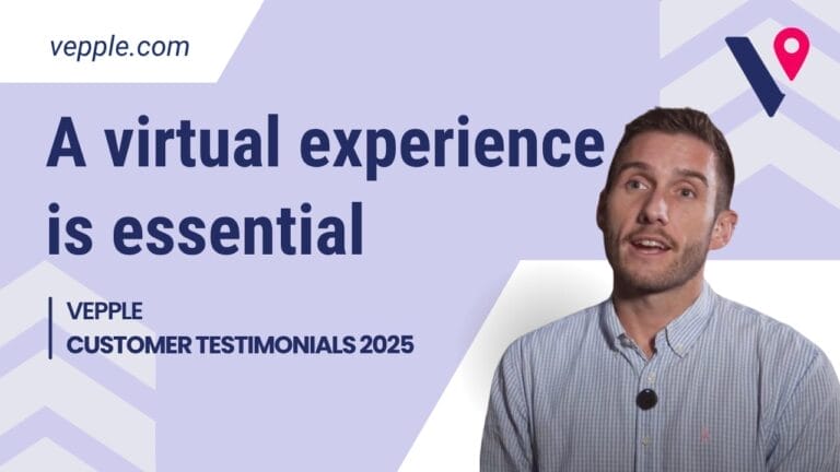 purple vepple branded background with cut outs of matthew usher from bournemouth and the words 'a virtual experience is essential'