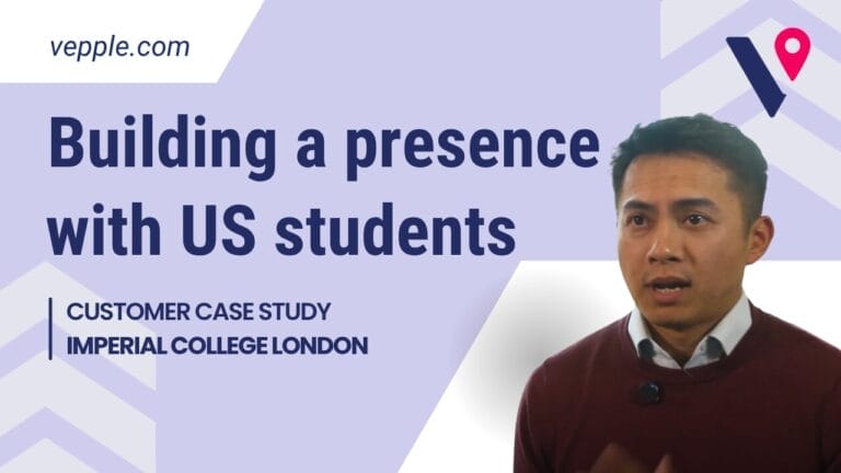 A purple Vepple branded background featuring the Vepple logo in the corner. Kenon Man from Imperial is a cut out in the foreground and the text to the left of the screen reads 'Building a presence with US students'