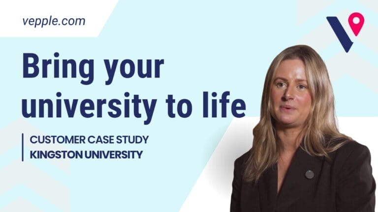 Lucy Parrot from Kingston University is a cut out on a blue background with Vepple branding and navy logo. The copy reads 'Bring your university to life'