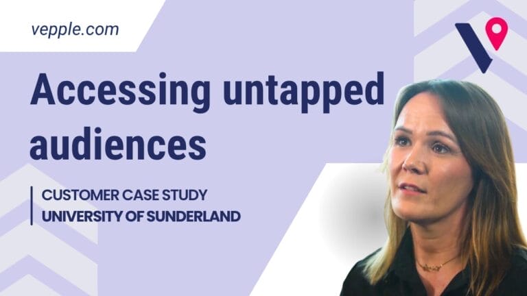 A purple Vepple branded background featuring the Vepple logo in the corner. Carly Machin from University of Sunderland is a cut out in the foreground and the text to the left of the screen reads 'Accessing untapped audiences'