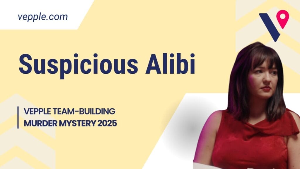 A yellow Vepple branded background with the navy logo and a cut out of a man's back. The text reads 'The Suspicious alibi' and the Team-Building Murder Mystery