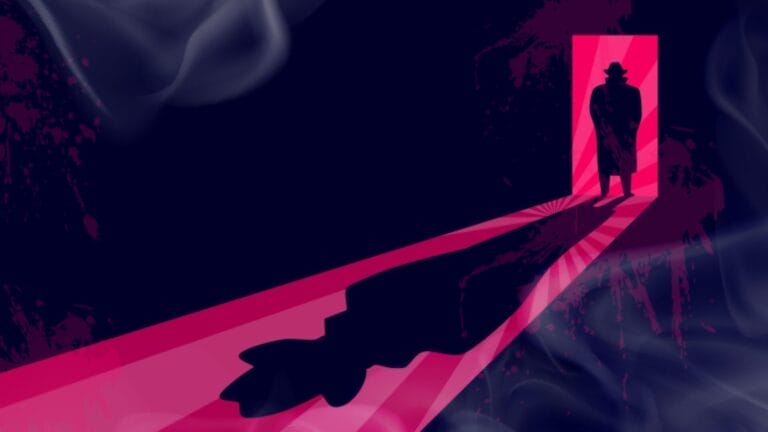 A dark detective style figure in a pink neon doorway