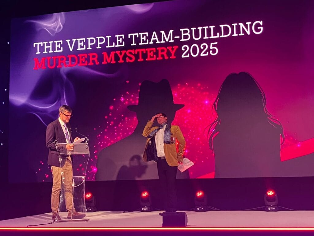 Professor Prune aka Jonny Harper and Captain Dijon aka Tom Greveson, directors from Vepple, are on stage in costume acting out the final confession from the Vepple Team-Building Murder Mystery