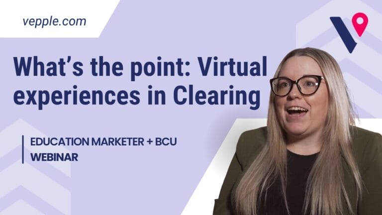 purple branded vepple background with Nicola Vaughan-Bell and the words 'What's the point: virtual experiences in Clearing?