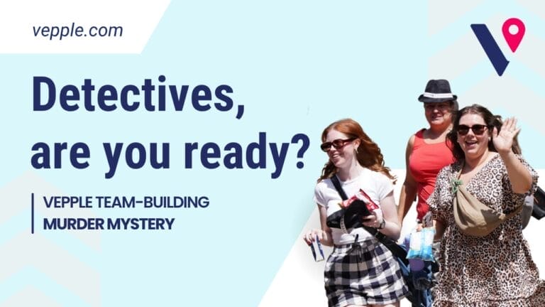A pale blue branded Vepple background with three women running wearing Vepple branded hats. The copy says Detectives are you ready?