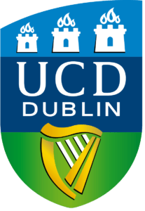 UCD Dublin crest logo with three castle towers topped by flames on blue above the text UCD Dublin, and a golden harp on a green field.