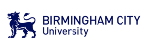 Birmingham City University logo with a blue heraldic lion and the words BIRMINGHAM CITY University in blue.