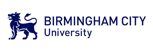 Birmingham City University logo with a blue heraldic lion and the words BIRMINGHAM CITY University in blue.