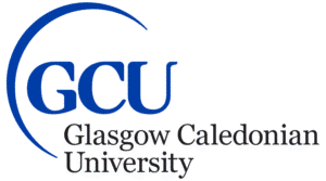Glasgow Caledonian University logo featuring bold blue “GCU” with a curved swoosh and the university name in black serif text beneath.