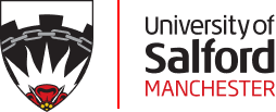 University of Salford Manchester logo featuring a black shield with a chain motif and the word “Manchester” in red.