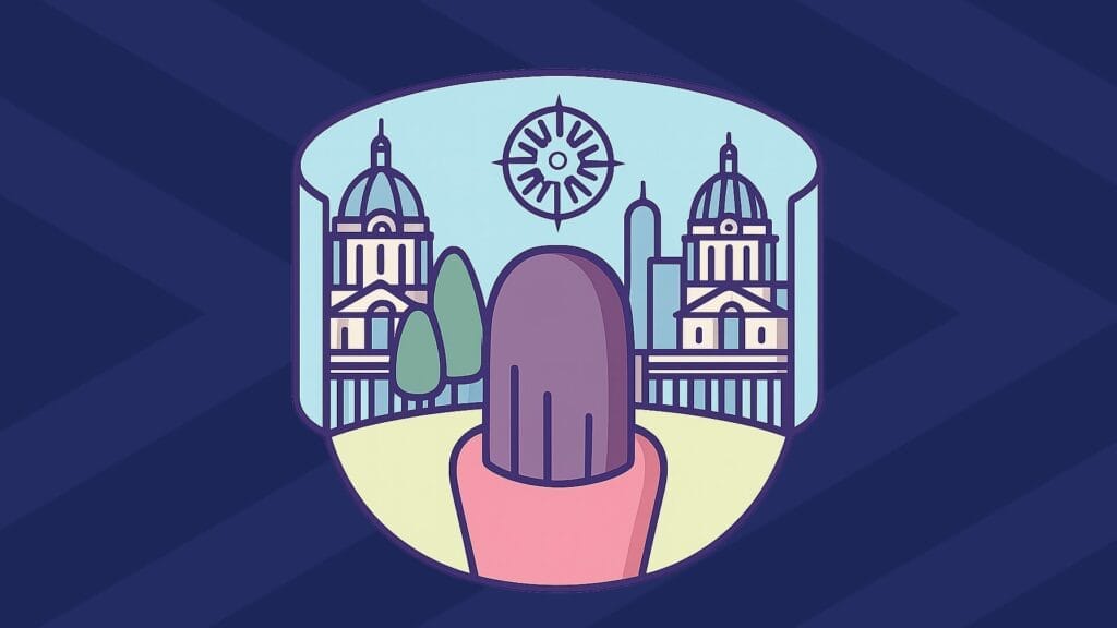 Stylised illustration of a person seen from behind facing a cityscape with two domed classical buildings, trees and a skyline under a compass rose, framed as a badge on a dark blue background.