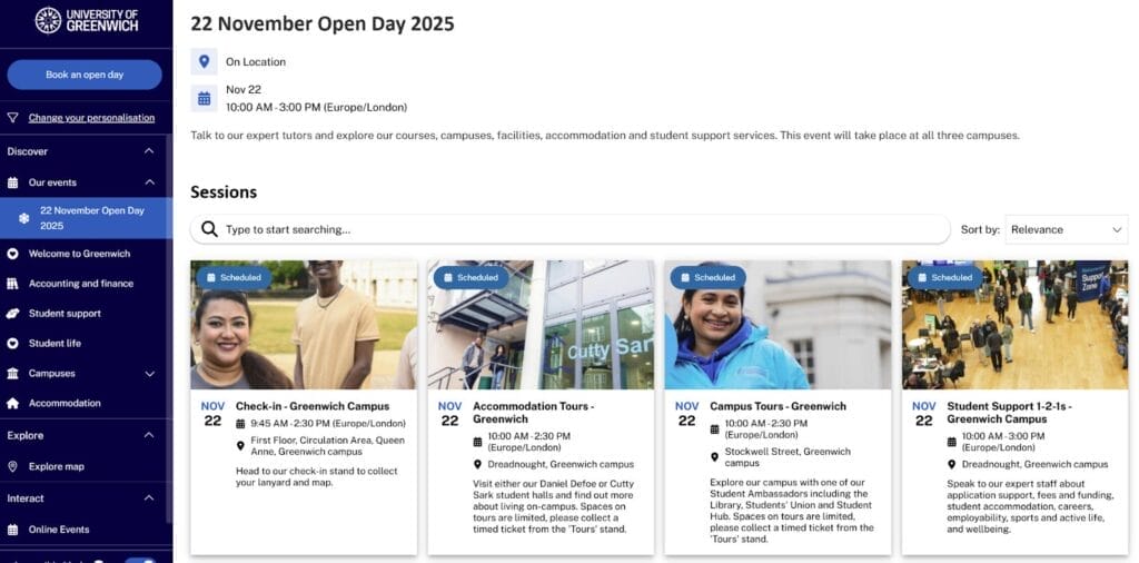 University of Greenwich webpage for the 22 November Open Day 2025 showing the date (Nov 22, 10:00 AM–3:00 PM, Europe/London), on‑location note, and session cards for check‑in, accommodation tours, campus tours, and student support 1‑2‑1s. Supporting Greenwich's campus virtual tour case study. 